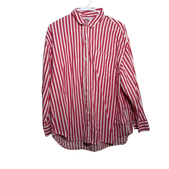 Old Navy Shirt Women's Medium Red Striped Button Up Collared Boyfriend Top - Picture 1 of 9